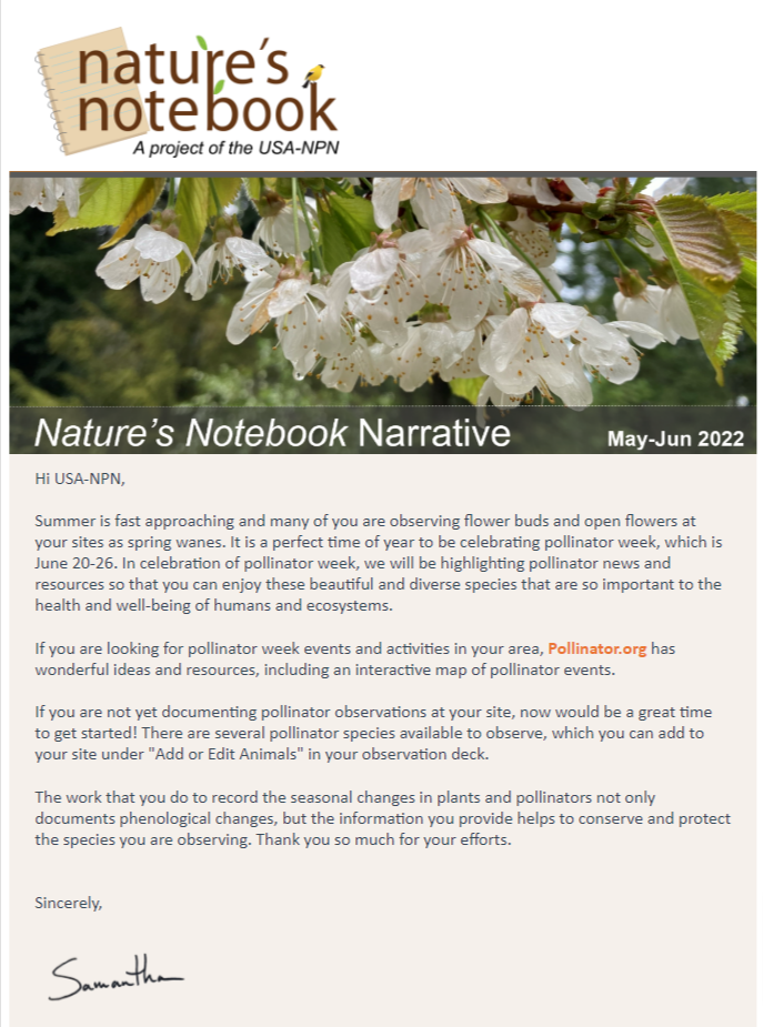 Screencap of the USA-NPN's Narrative newsletter for observers