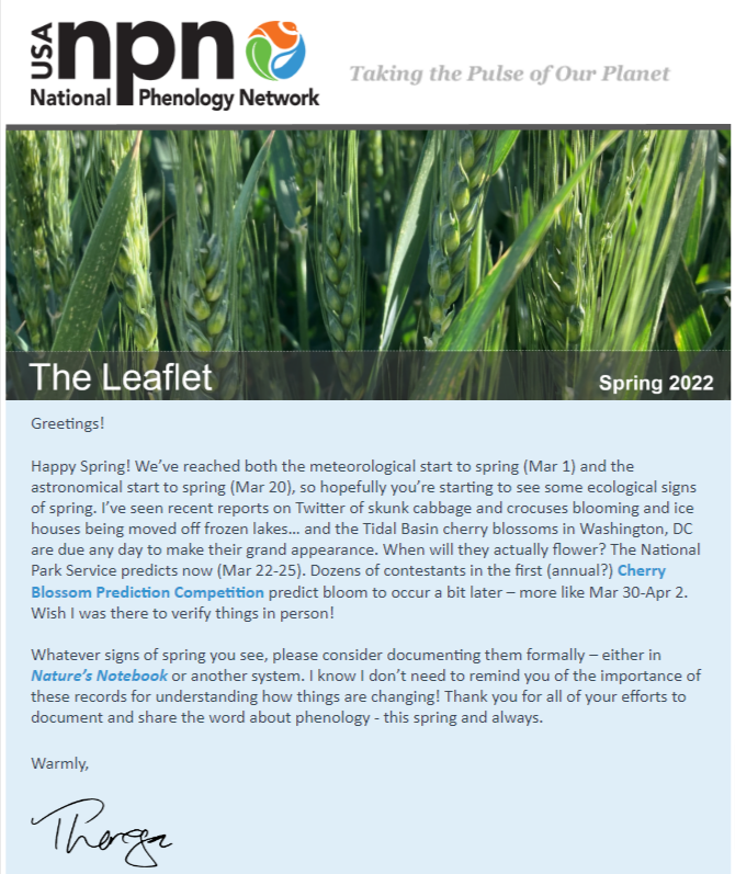 Screencap of the USA-NPN's Leaflet Newsletter for researchers