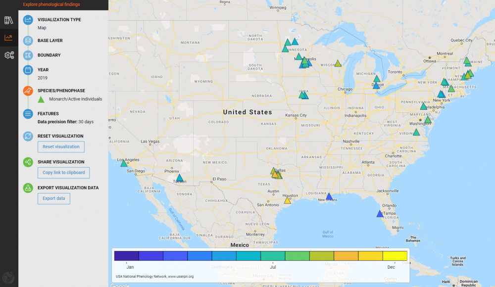 Screencap from USA-NPN Visualization Tool showing map